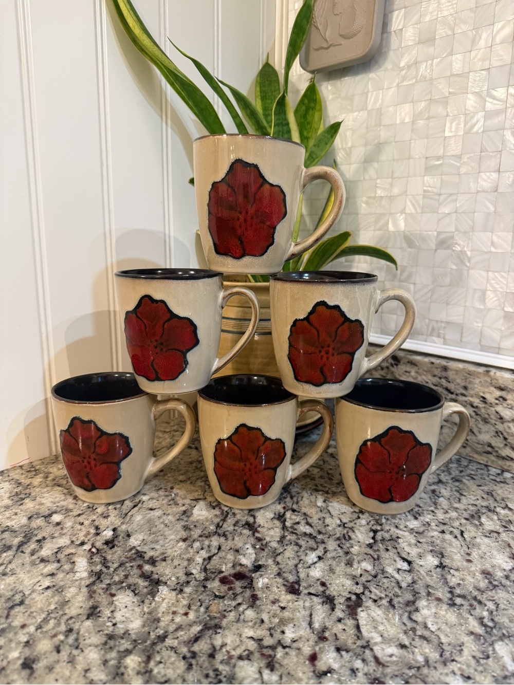 Pfaltzgraff Sarina Painted Poppies Coffee Cups Mugs Red Poppies Set of 6